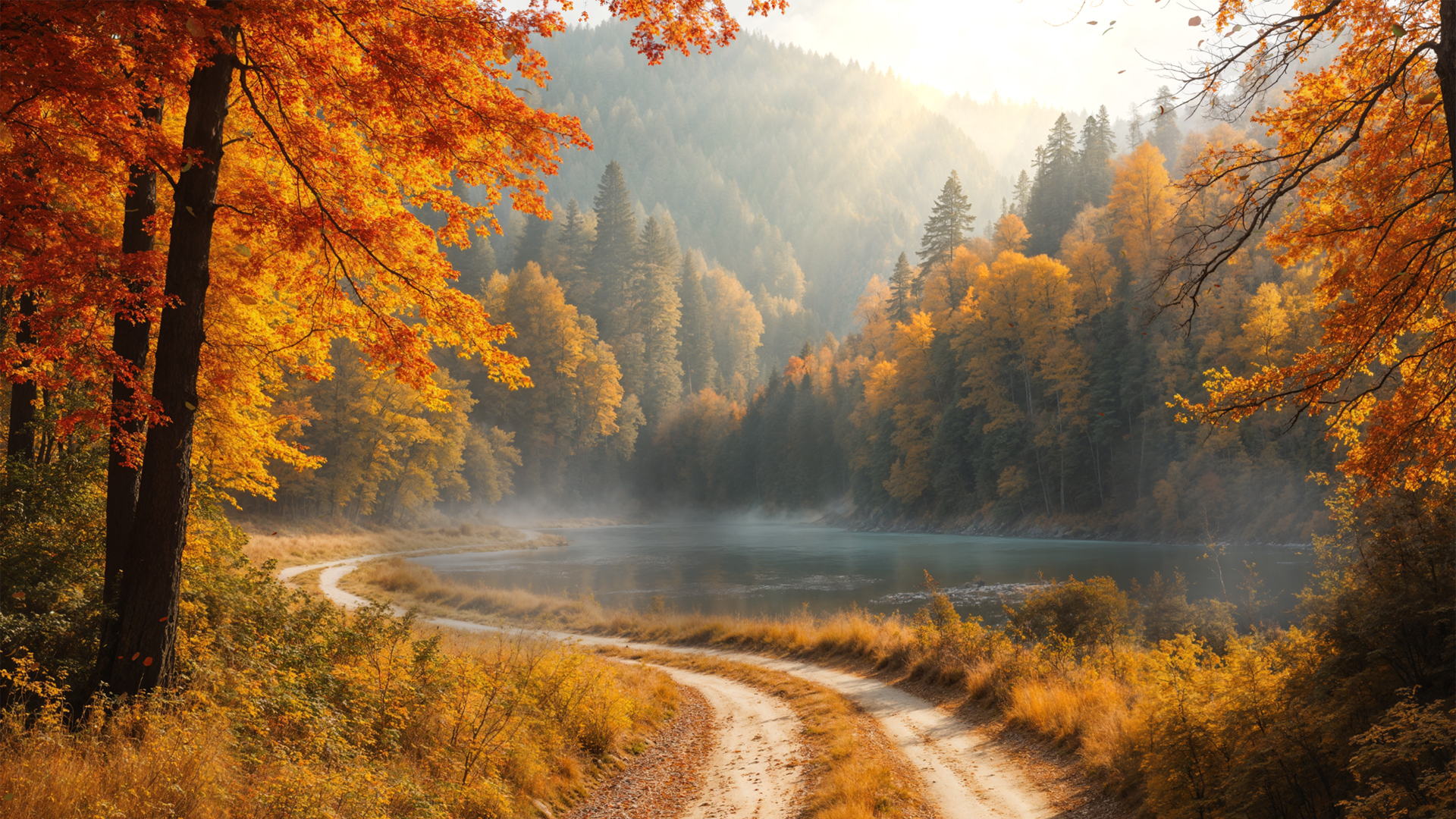 秋日林间湖畔电脑壁纸上新