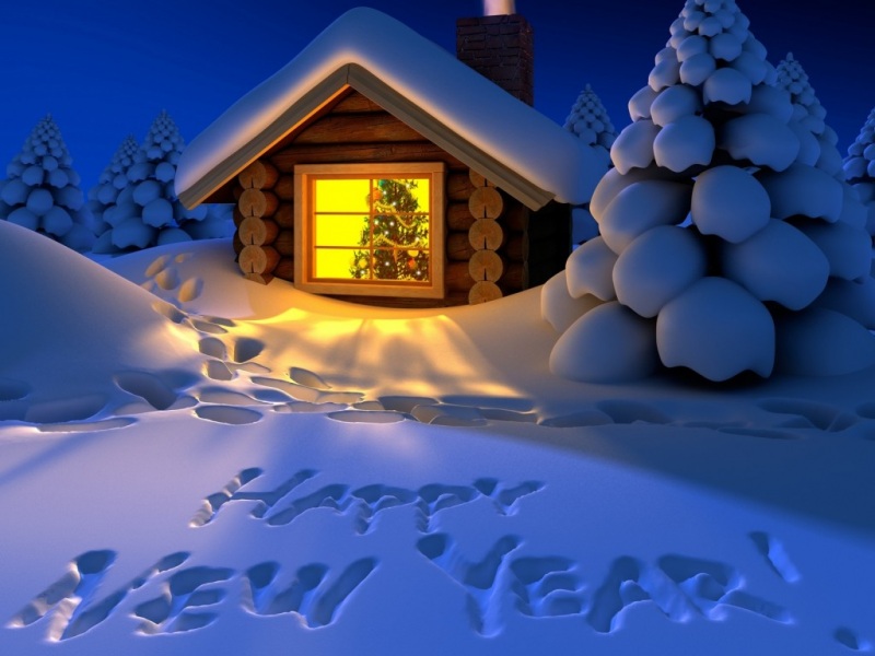 雪中小屋圣诞树灯光新年电脑动漫壁纸来啦