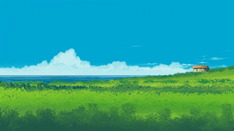 带云彩大海田野的清新自然风景插图壁纸推荐