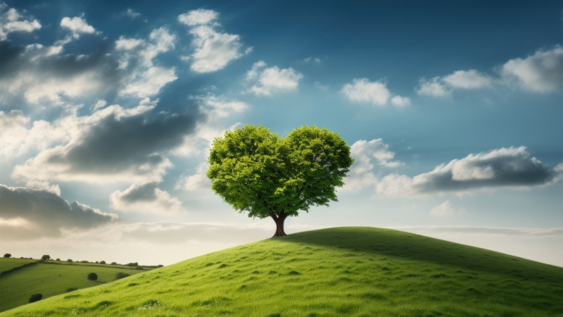 带着心形树的治愈风景电脑壁纸，适配多款主流分辨率