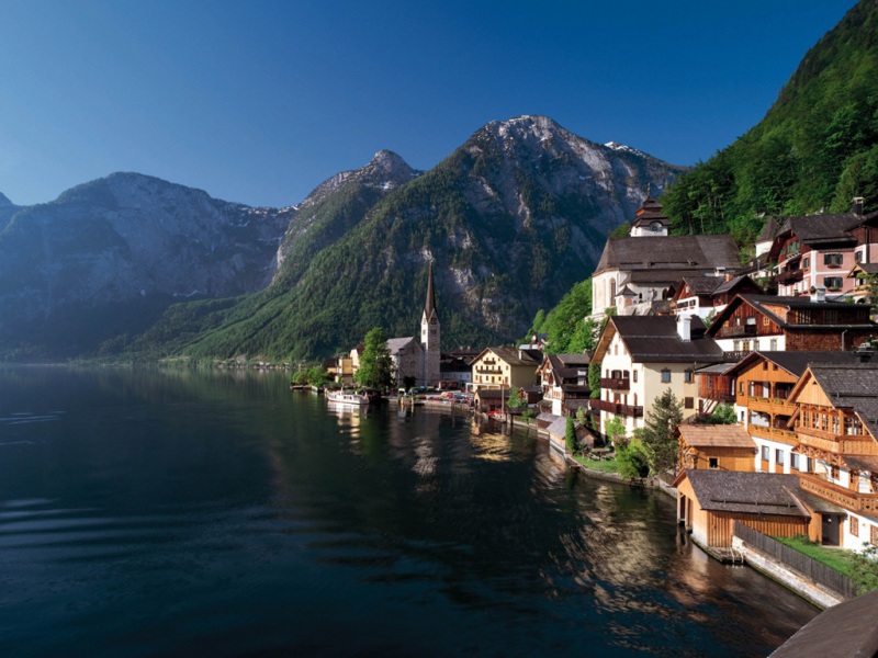 奥地利哈尔施塔特夏日湖畔小镇 高清风景壁纸