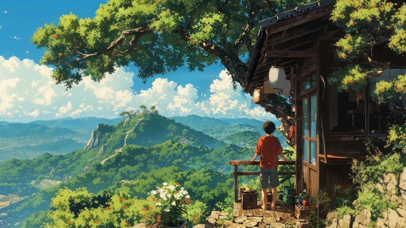 夏日山居氛围感壁纸！带小房子和男孩的动漫风景电脑桌面图