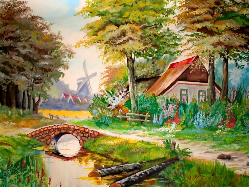 带小路小溪和风车的绘画风景电脑壁纸来了