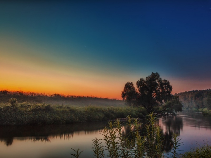 带雾的夕阳河流风景 电脑动漫桌面壁纸分享