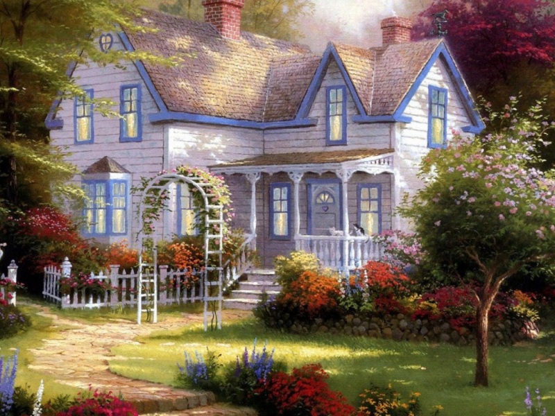 托马斯·金凯德笔下的温馨花园林中小屋，拿来当电脑壁纸刚刚好