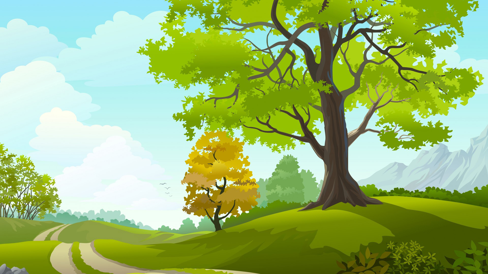 这款矢量风景壁纸太绝了！包含树木草地天空云和道路，适配多种电脑屏幕尺寸