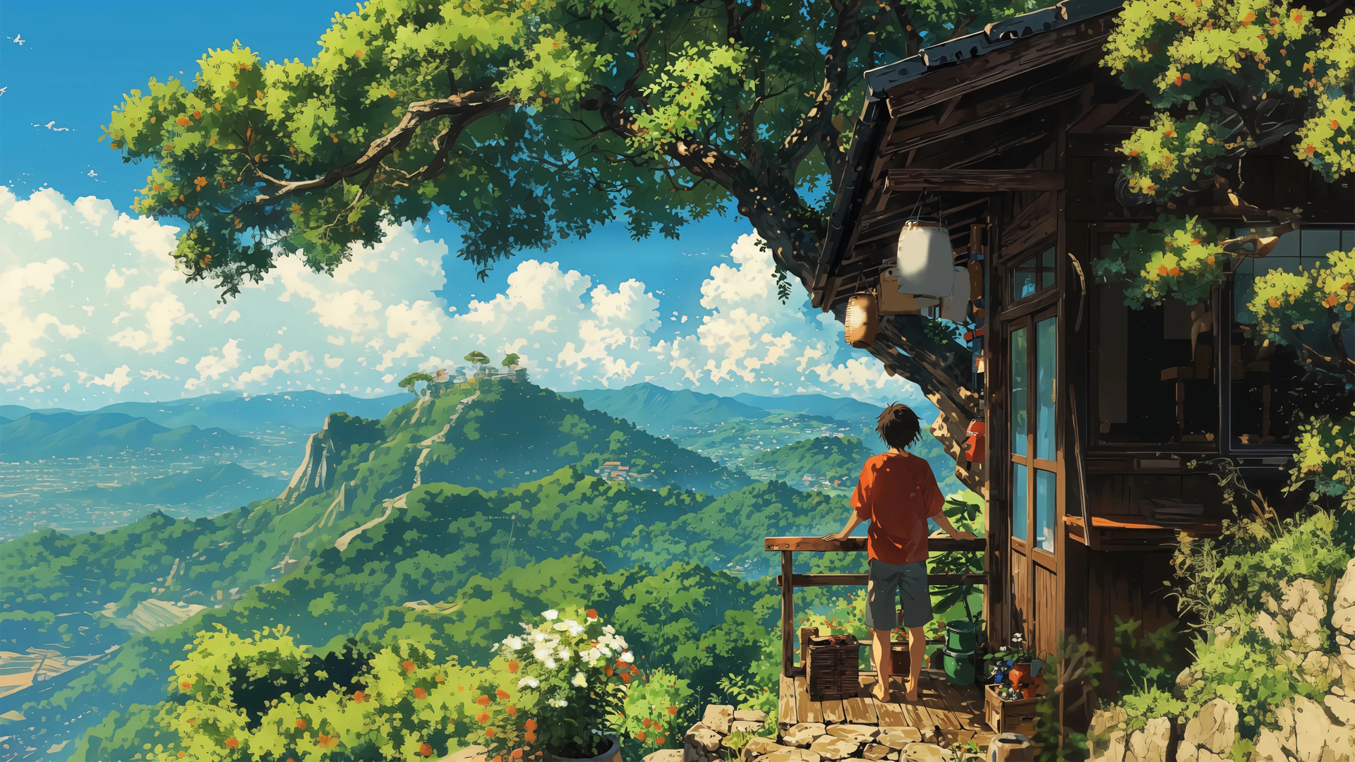 夏日山居氛围感壁纸！带小房子和男孩的动漫风景电脑桌面图