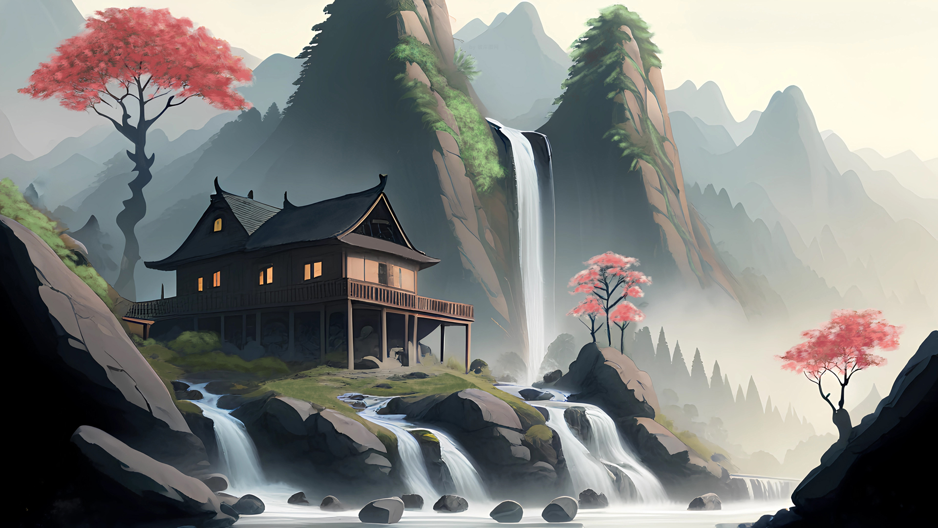 风景绘画瀑布高山流水 多款尺寸电脑桌面壁纸来啦