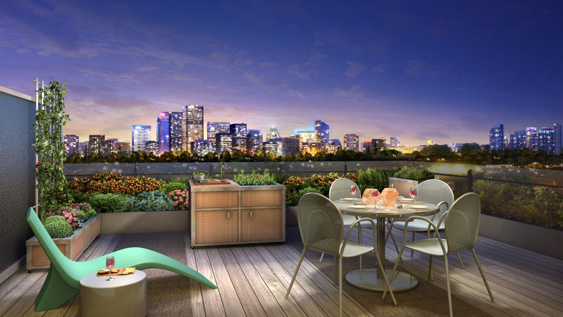 氛围感拉满！夜晚城市露台小聚的电脑动漫壁纸