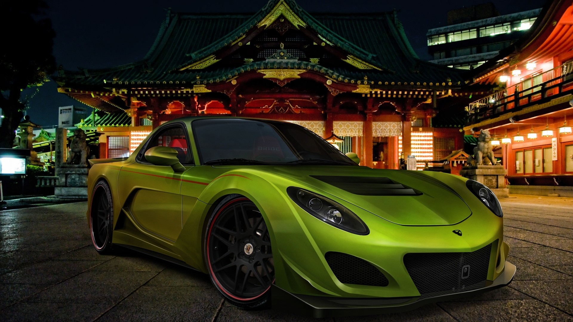 绿色马自达RX-7深夜街头风景壁纸