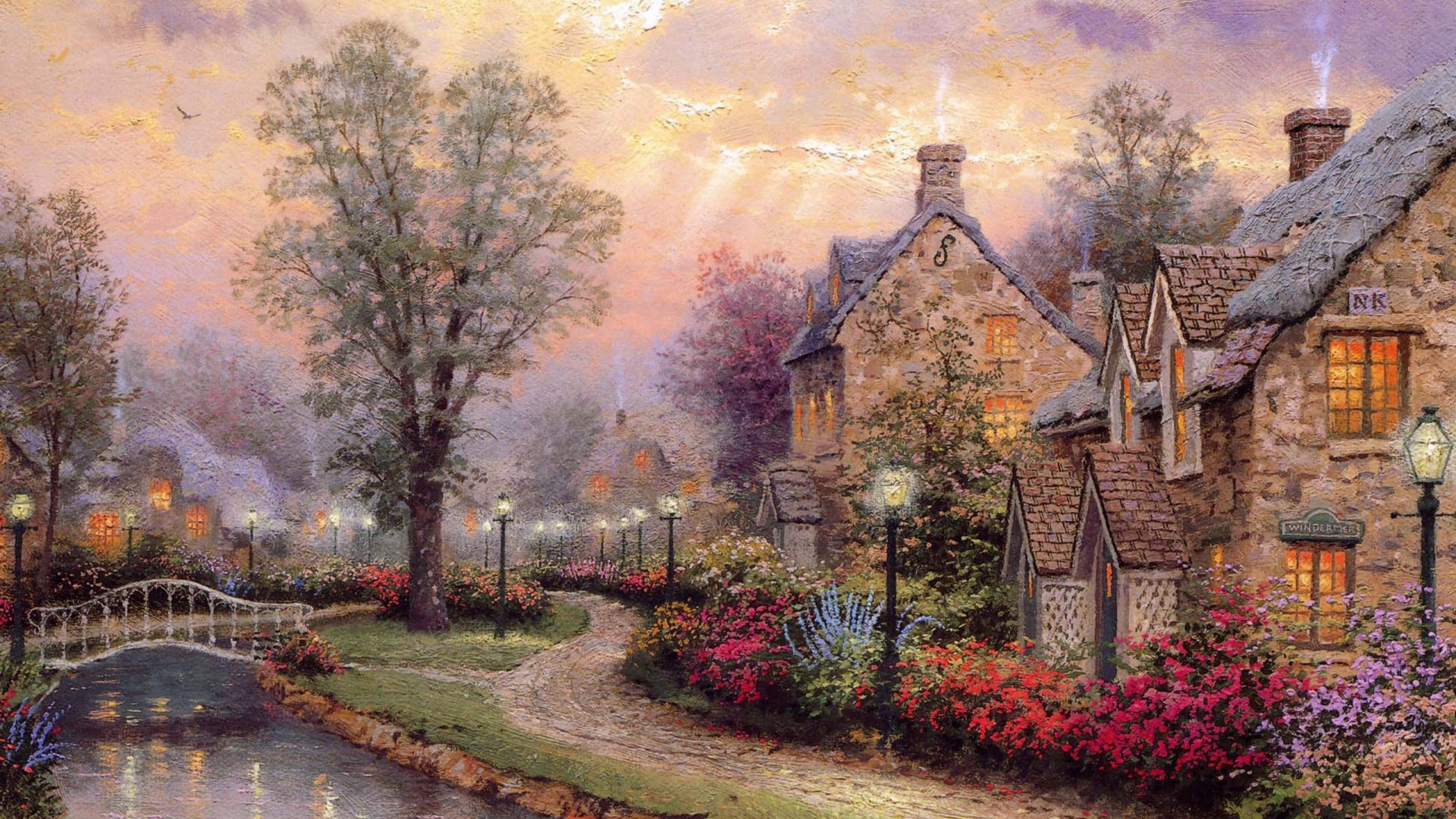 灯光车道配托马斯·金凯德画风 桥边别墅风景电脑壁纸