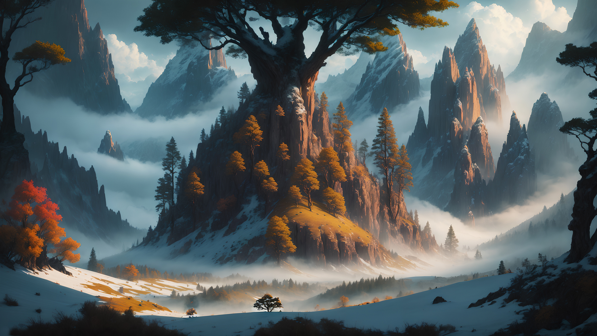 秋天的山巅云雾缭绕！这款动漫风秋日仙境壁纸太适合当电脑桌面了