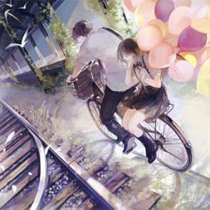 火车轨道旁骑单车的情侣头像，单张高清图