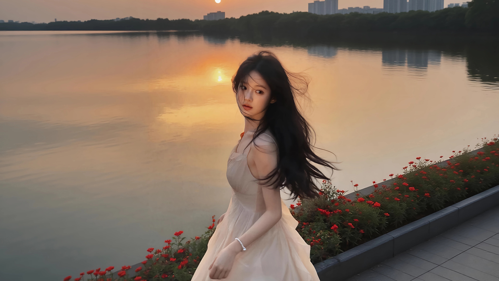 这款带城市湖水倒影的回眸美女壁纸太绝了