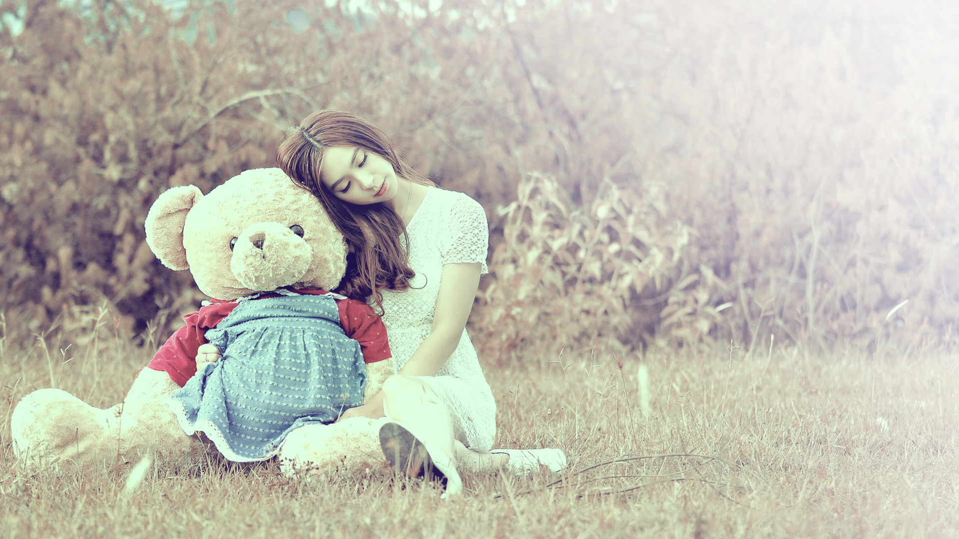 泰迪熊女孩草地主题高清电脑美女壁纸上新啦