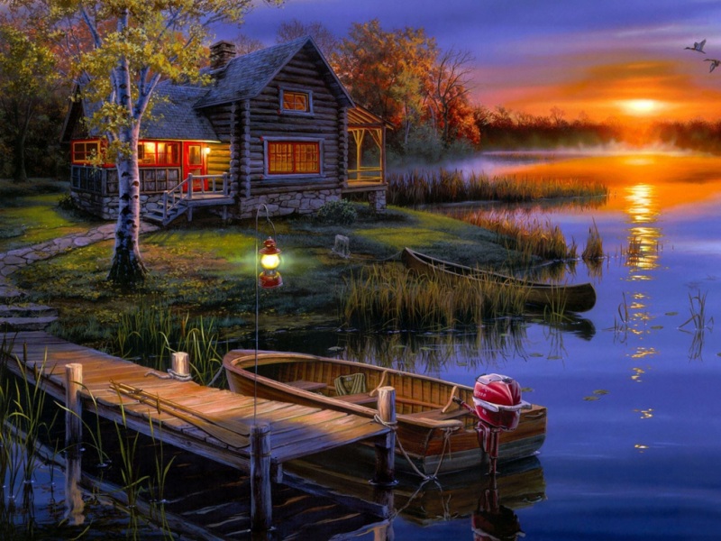 湖畔夕阳下的世外桃源！别墅码头小木船氛围感风景壁纸