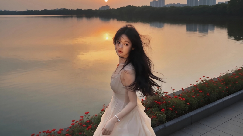 这款带城市湖水倒影的回眸美女壁纸太绝了