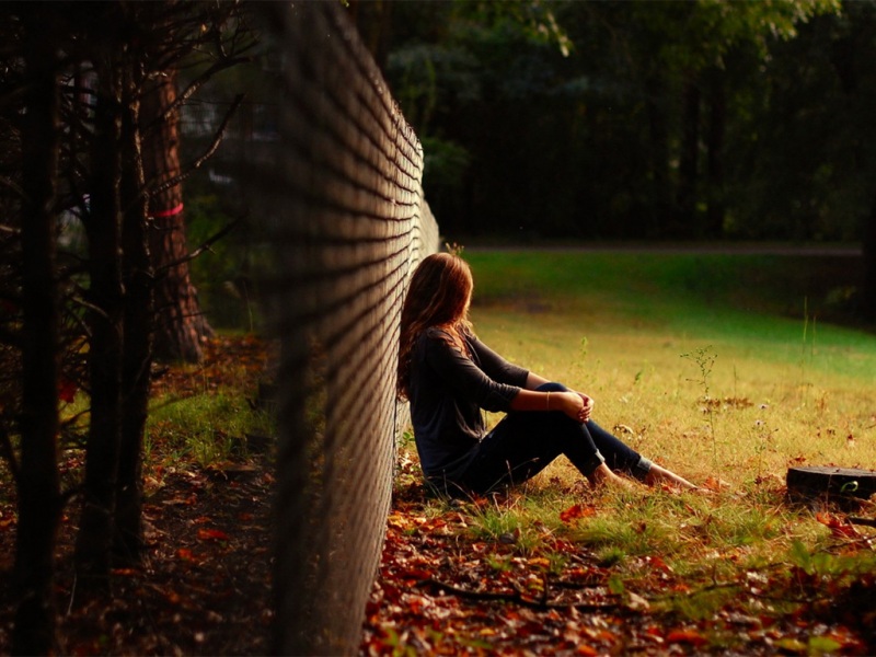 氛围感拉满！带漂亮女生的森林围栏宽屏绿色壁纸