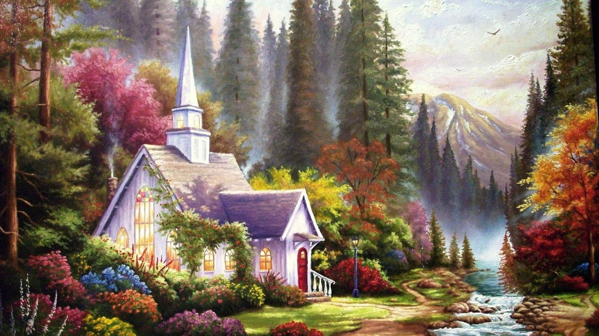 Thomas Kinkade风格绘画壁纸分享 森林小河小屋治愈风景图