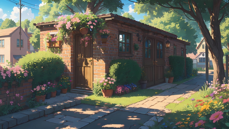 带鲜花商店房子的手绘风景电脑壁纸来了