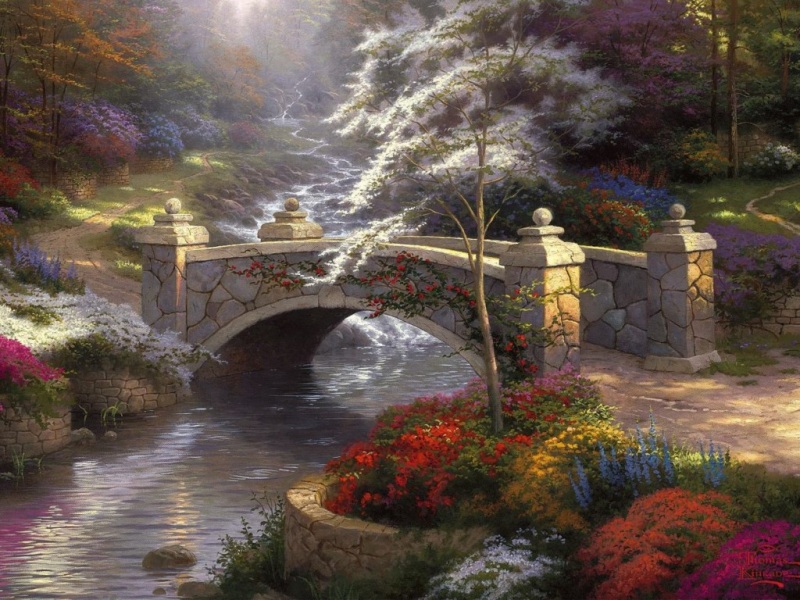 托马斯·金凯德笔下的自然风景壁纸 有桥梁流水森林的治愈画面