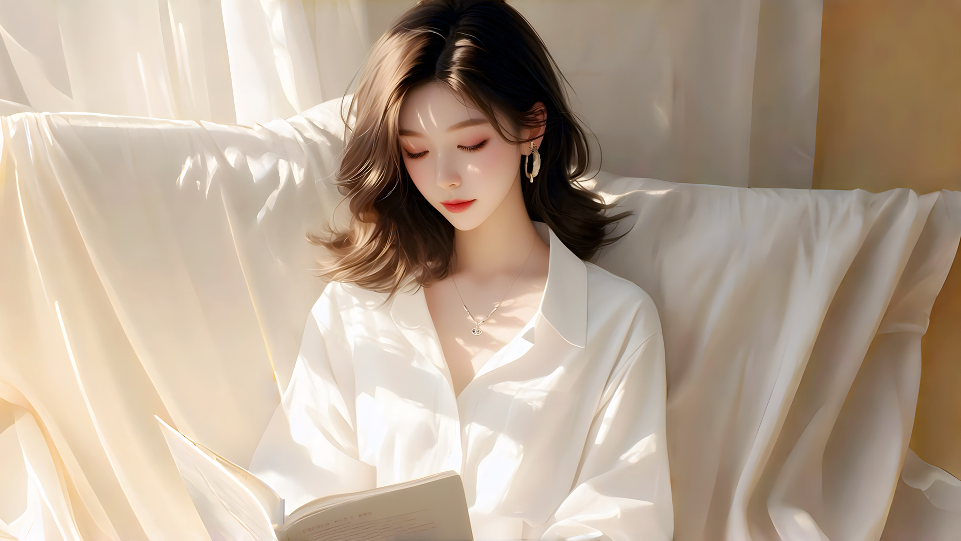 看书美女白衬衫电脑桌面壁纸来了！多款高清尺寸任你选