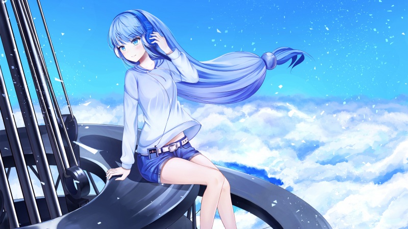 带天空风景的长发少女动漫壁纸，配牛仔短裤和音乐元素超治愈