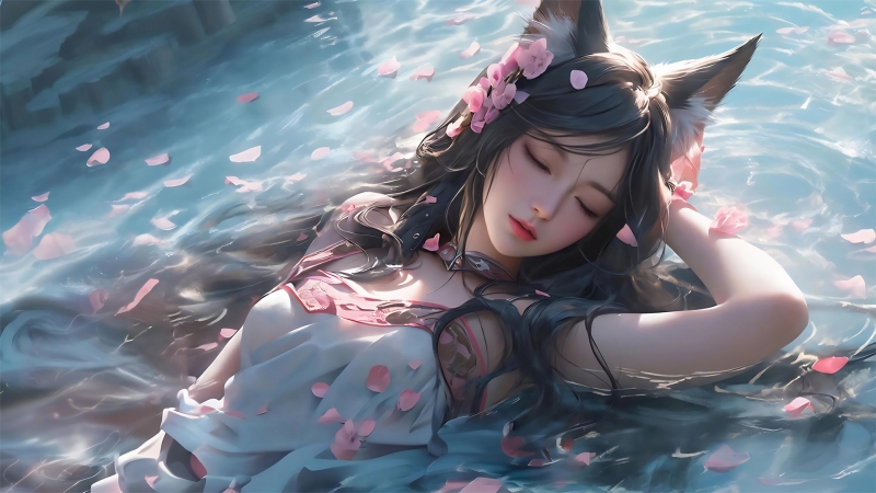 带兽耳的闭眼阿狸 粉花瓣水中唯美动漫壁纸