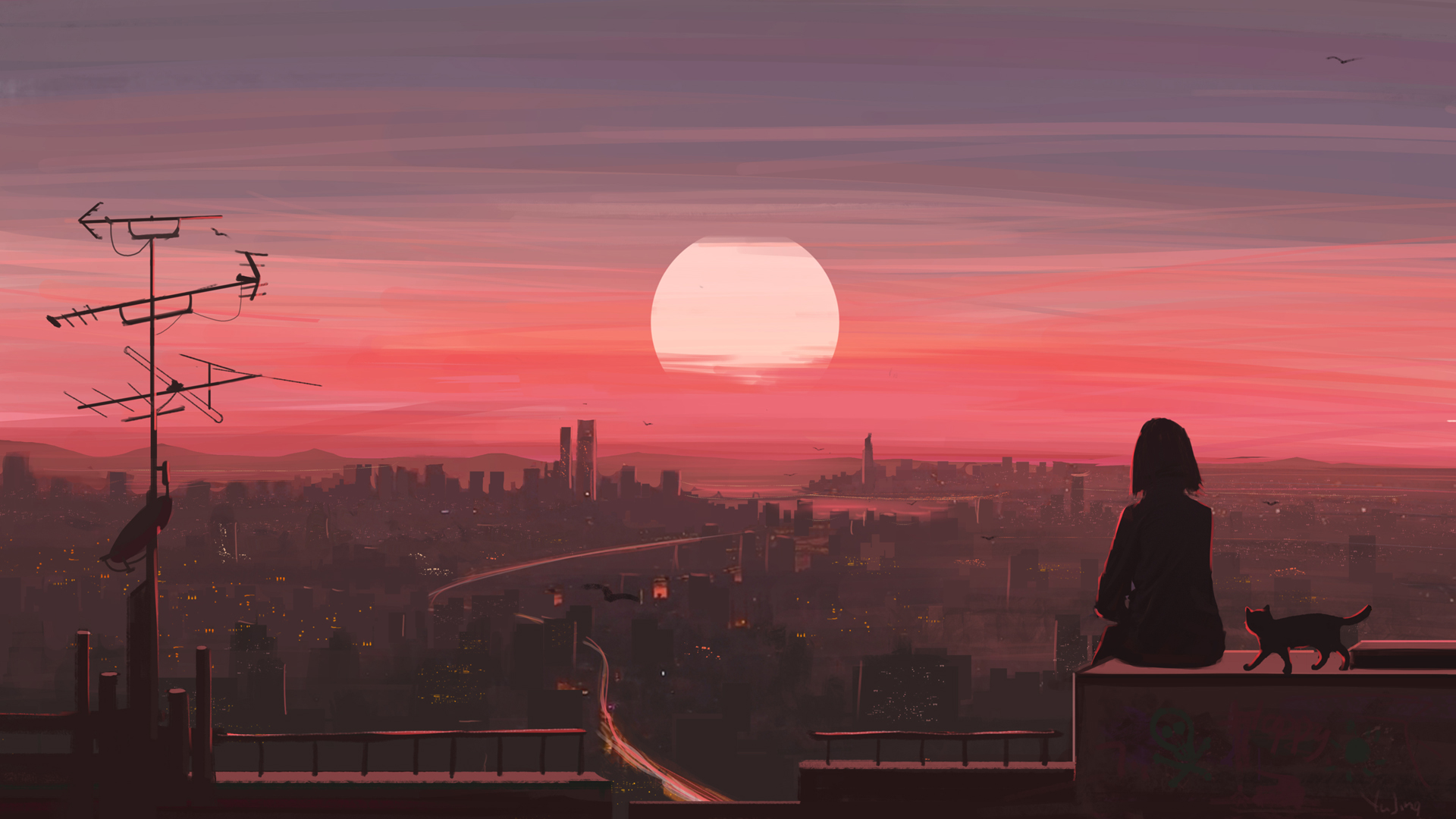 天台晚霞下的少女与猫！这套动漫壁纸太治愈了
