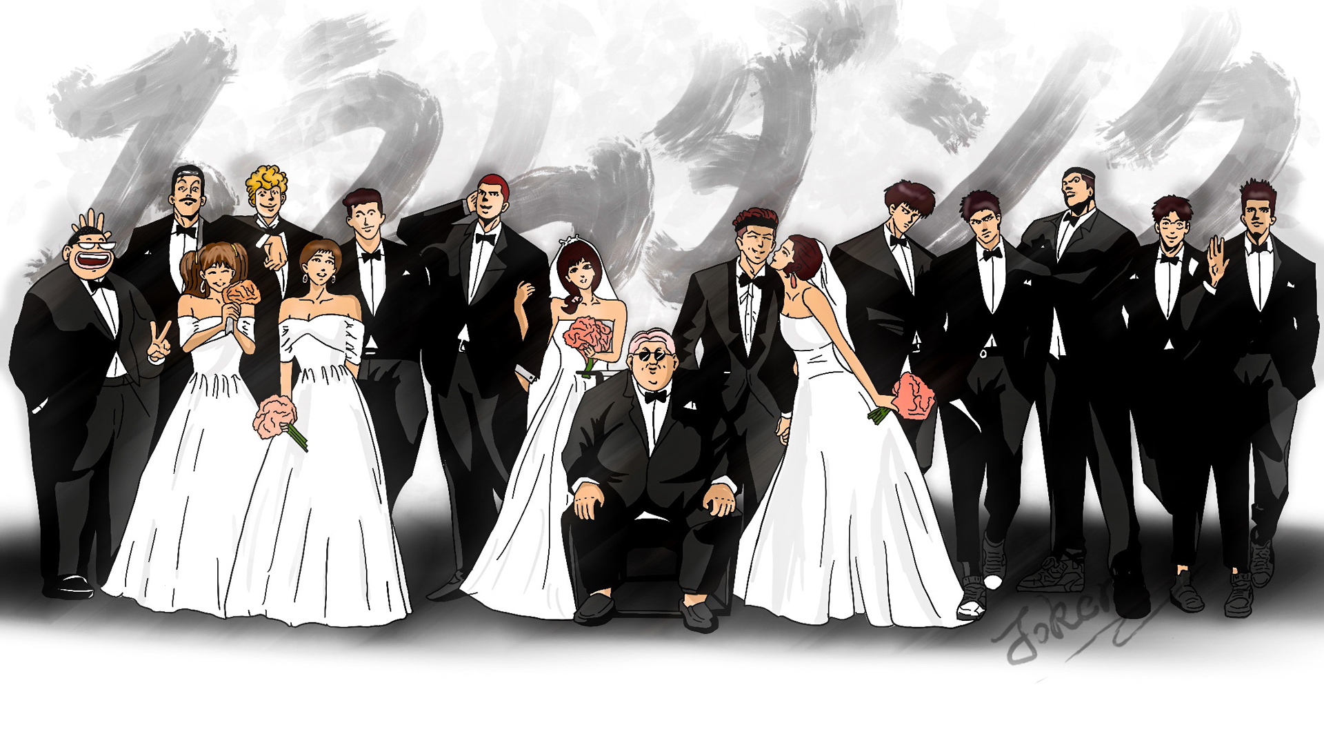手绘黑白灌篮高手婚礼全家福 高清动漫壁纸来啦