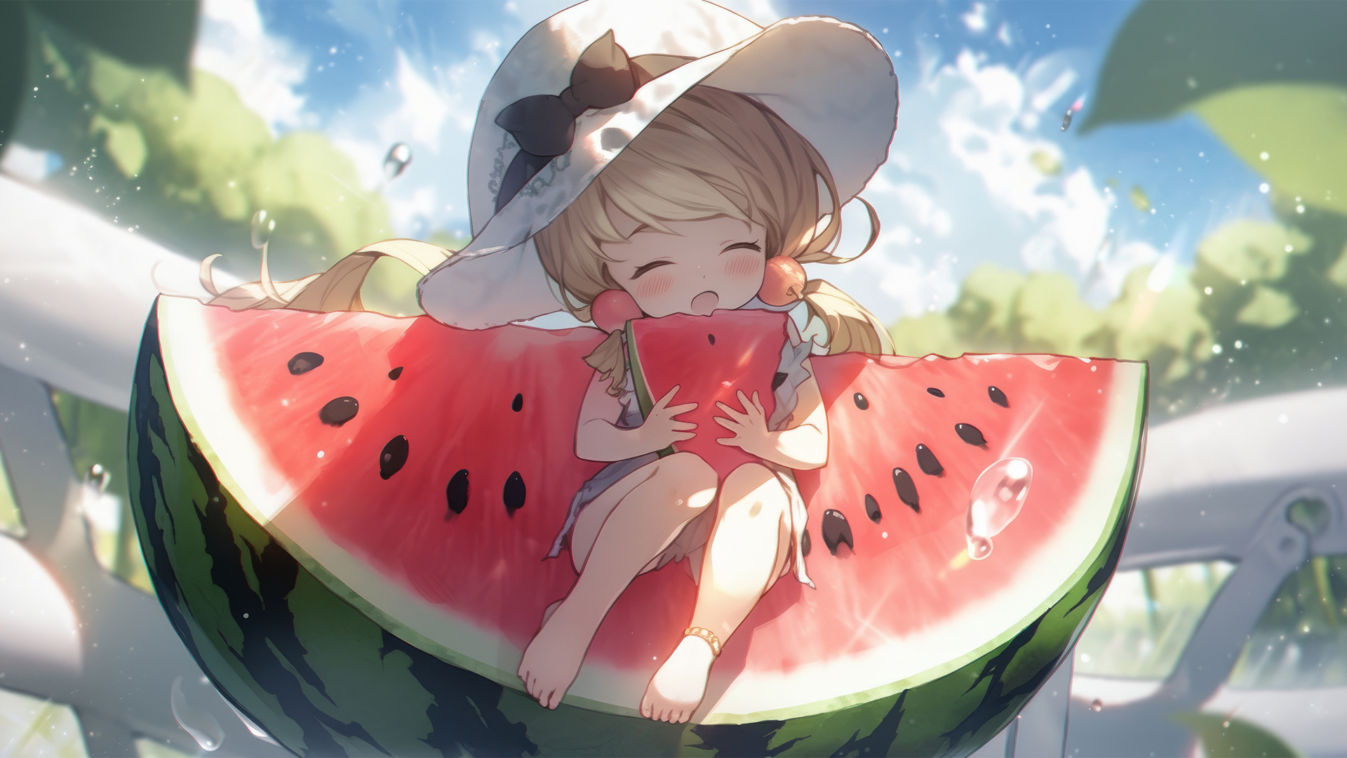 夏日氛围感拉满！吃西瓜的可爱小女孩动漫壁纸来啦