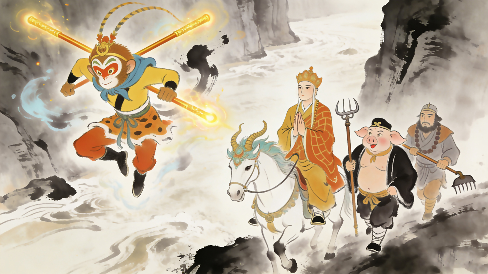 师徒四人西天取经水墨风电脑壁纸 高清版安排上了