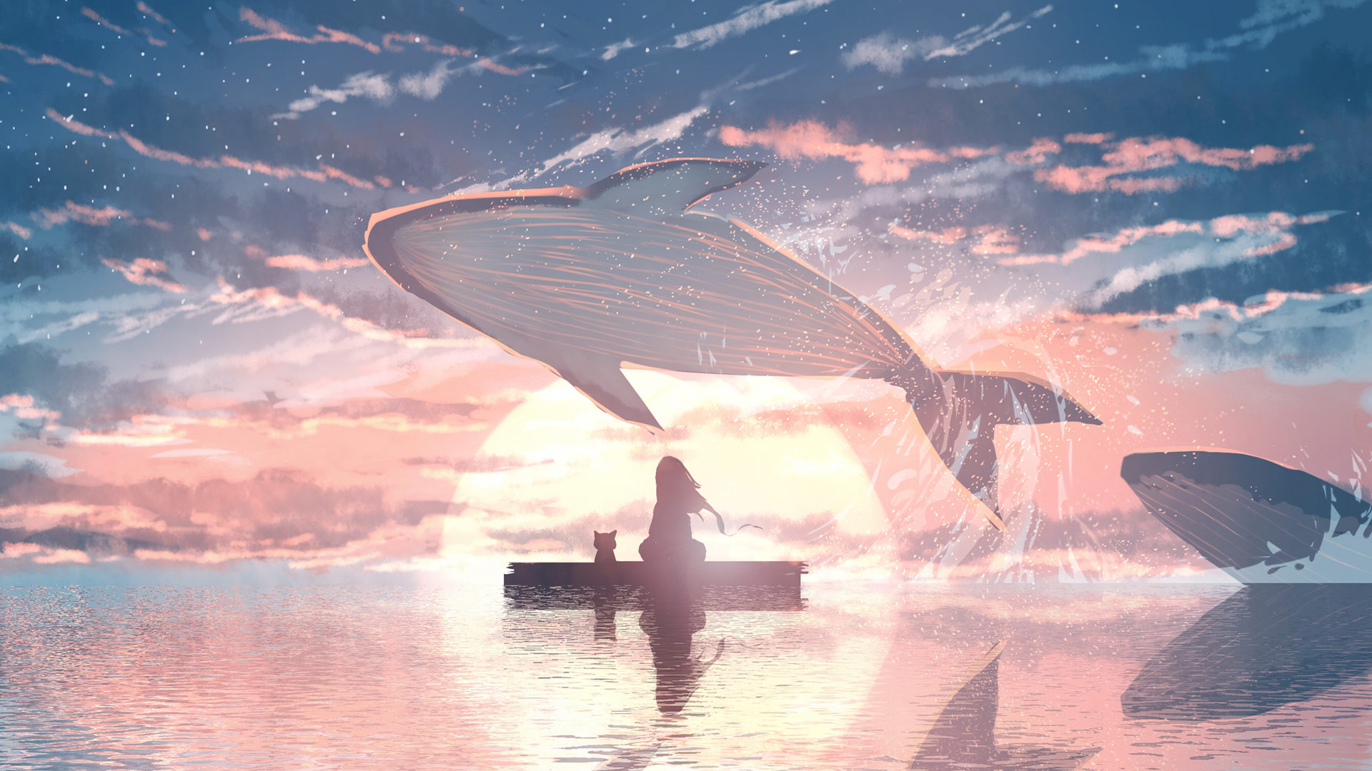 治愈感拉满！动漫风日落大海鲸鱼女孩猫咪高清壁纸