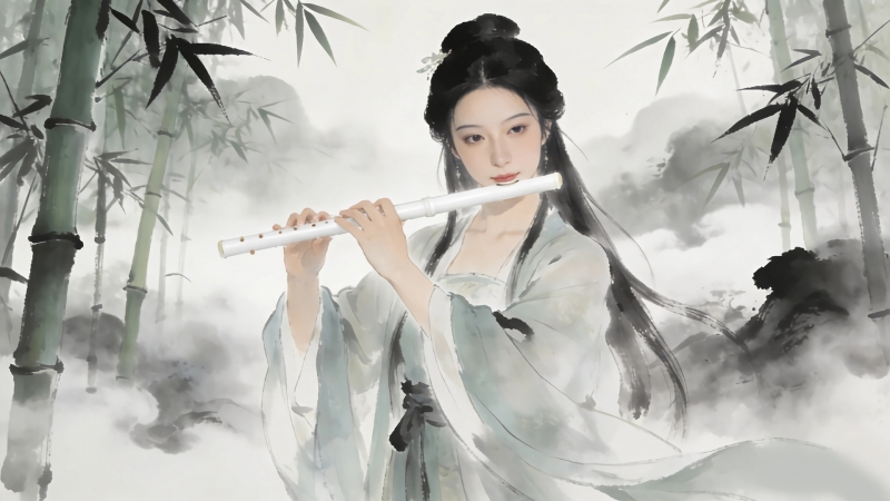 古风竹林吹笛美人水墨壁纸 电脑桌面高清原图