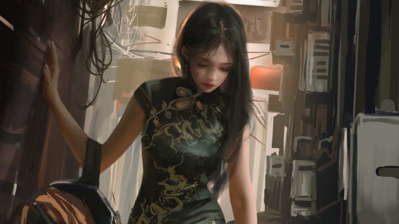 旗袍动漫美女厚涂壁纸 街道场景高清电脑壁纸