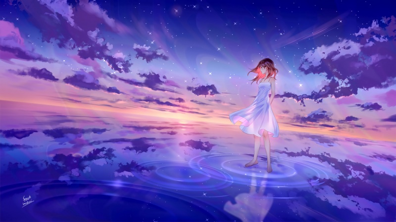 星空与海水搭配的白裙少女动漫壁纸 超高清壁纸推荐