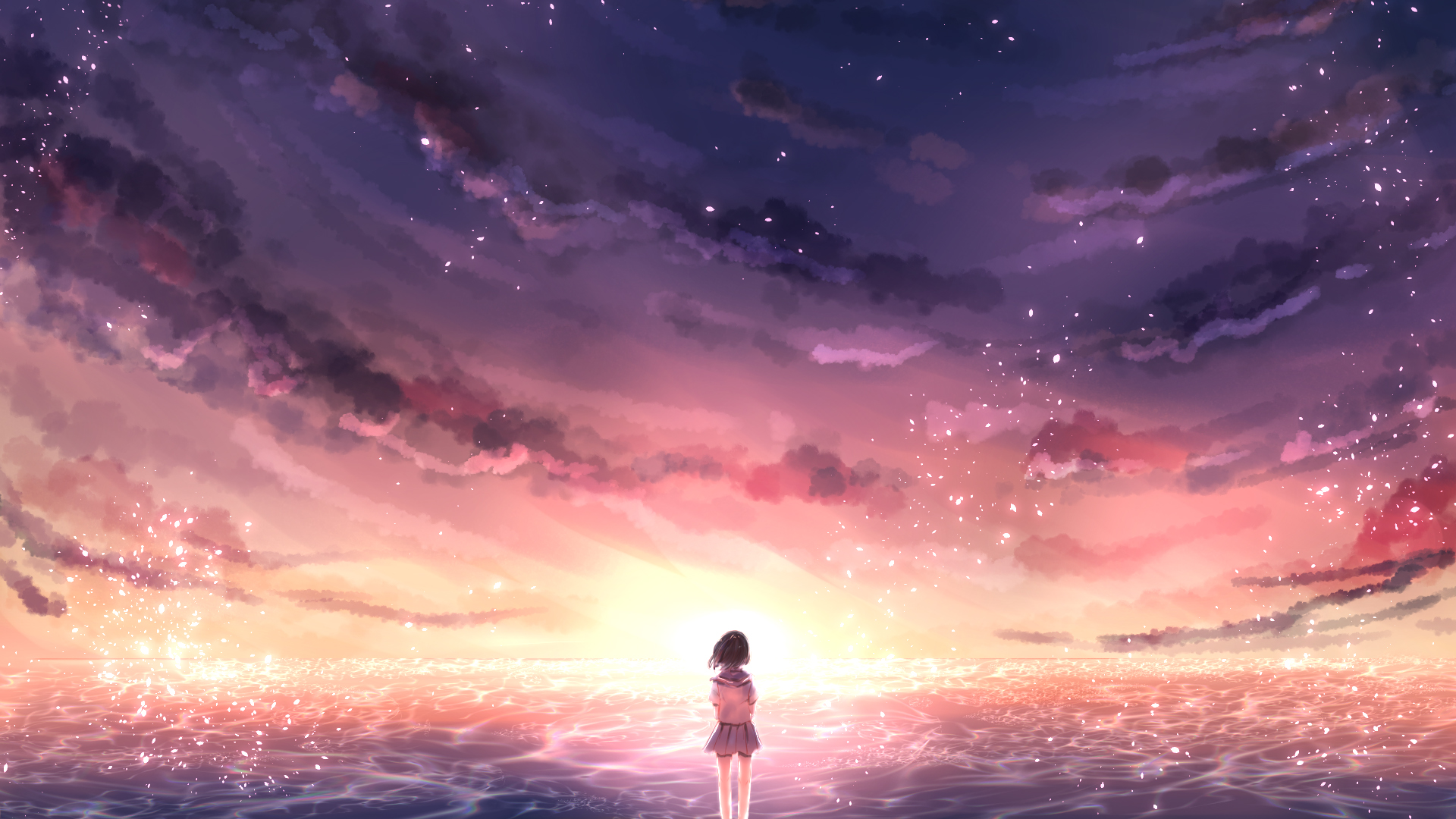 穿水手服的少女邂逅海边晚霞 这份动漫壁纸太治愈了