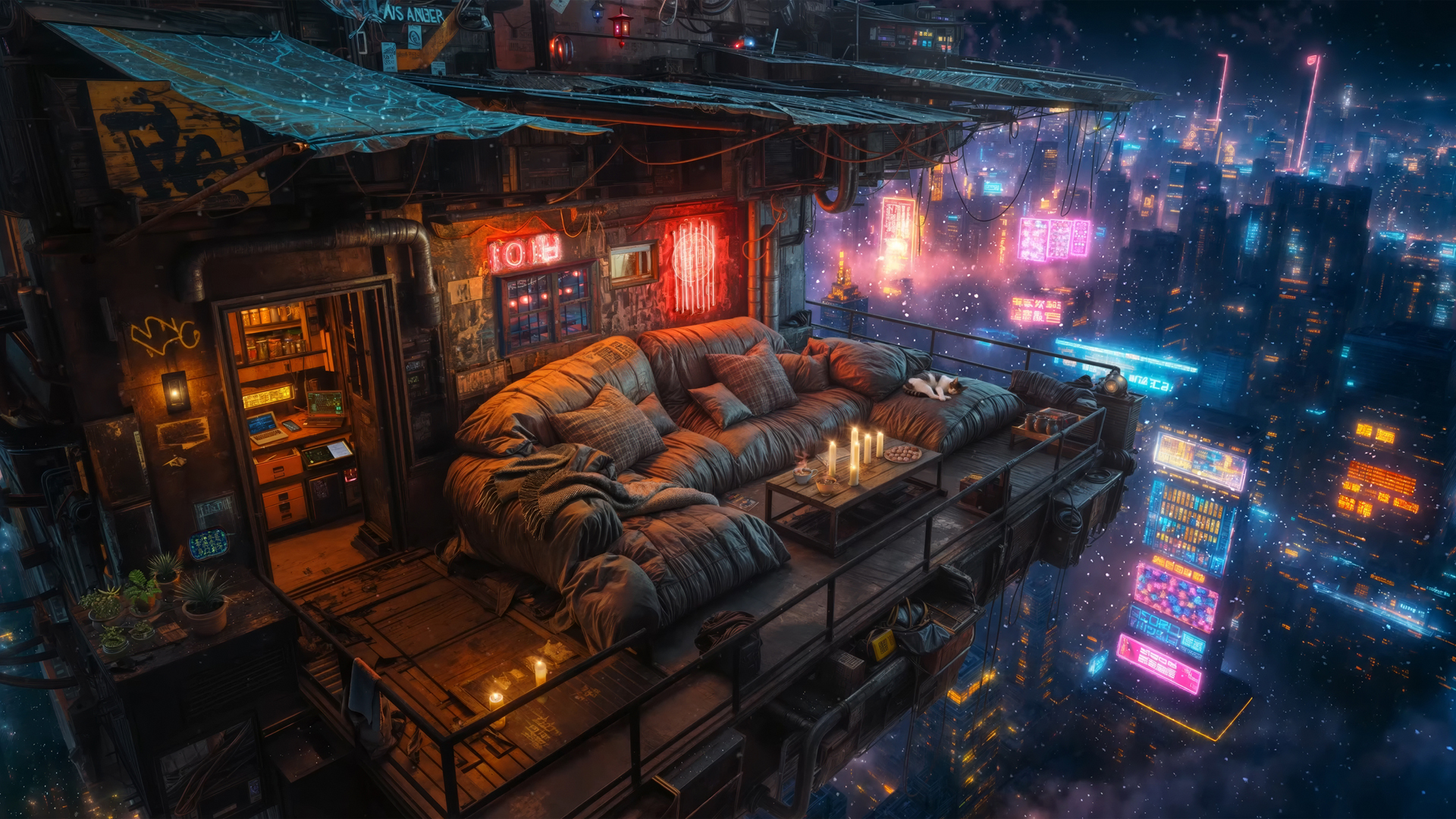 赛博朋克感拉满！高层露台的迷幻城市电脑壁纸来了