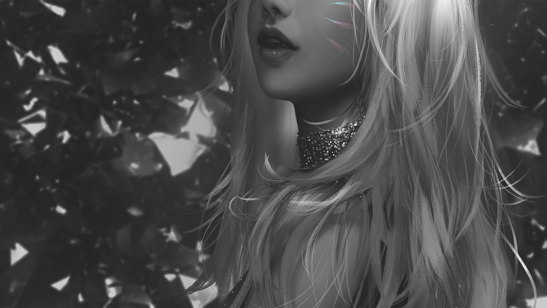 黑白厚涂风长发少女动漫壁纸 多款高清尺寸可选