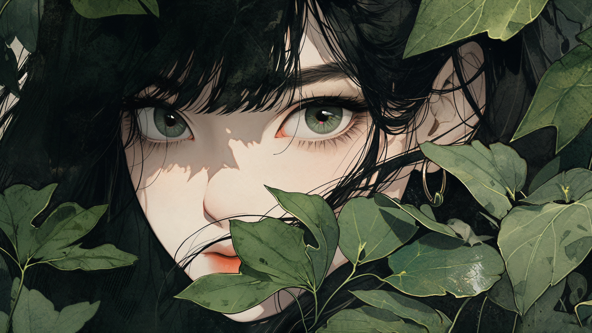 带绿叶的动漫少女电脑壁纸 多款高清尺寸可选