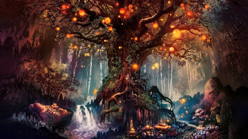 夜晚树下灯影的唯美幻想电脑壁纸