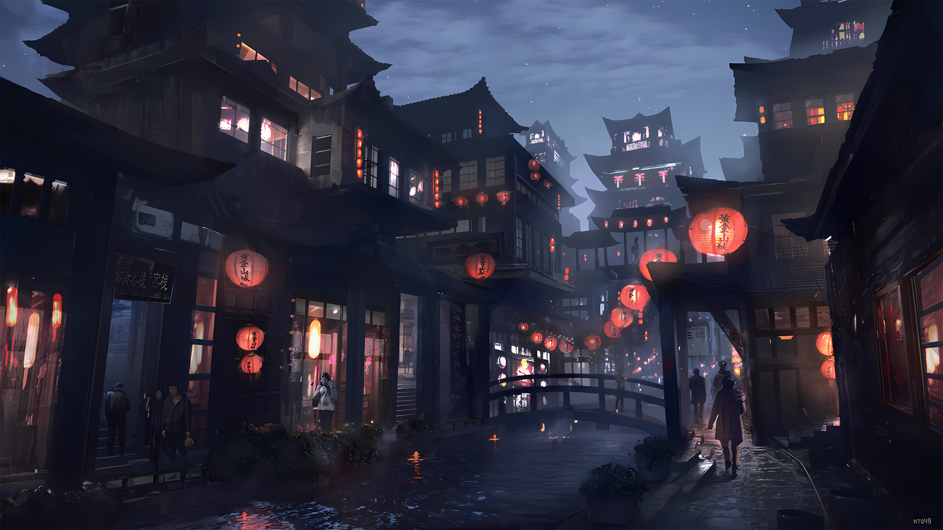 古风山城夜景动漫壁纸！带客栈灯笼的黄金山城高清图