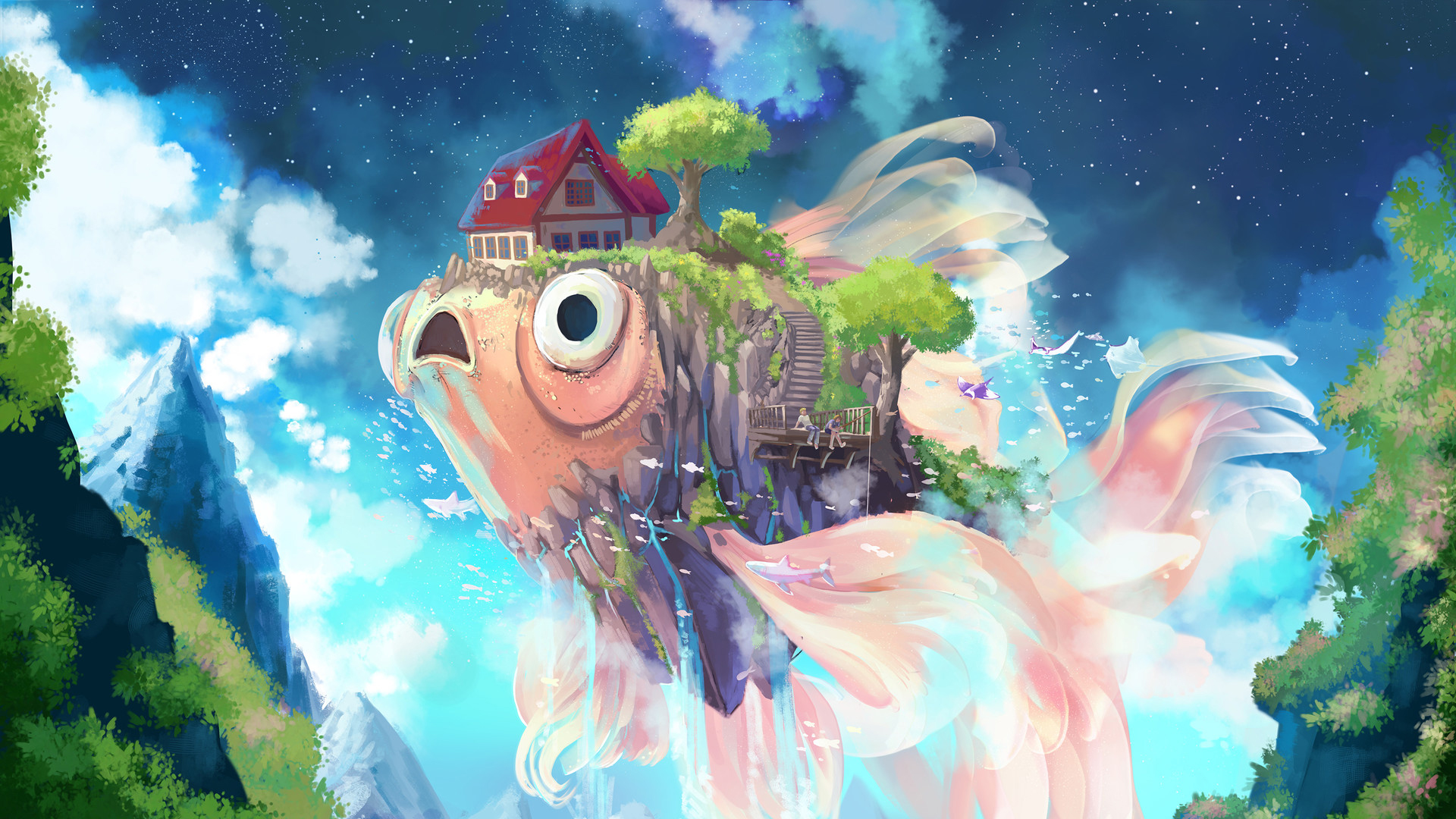 带天空游鱼房屋树的梦幻动漫壁纸 高清款任你下