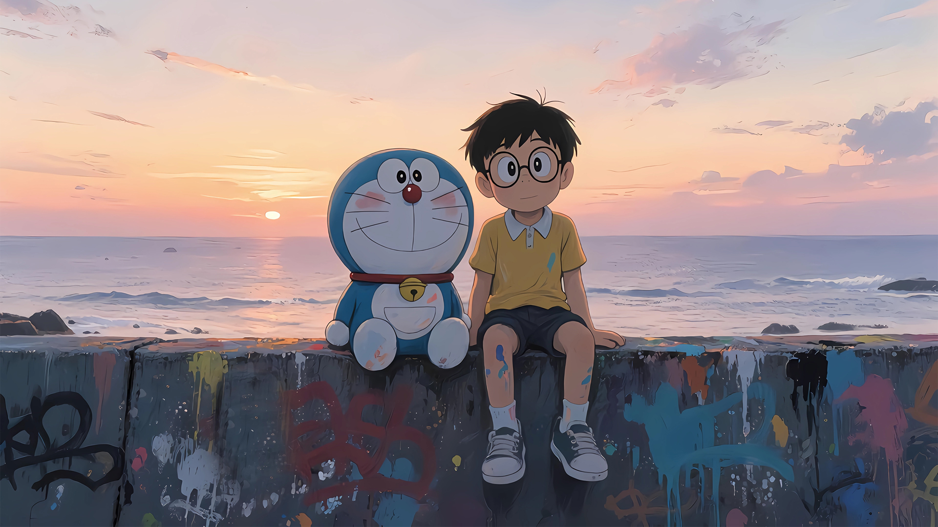 海边涂鸦哆啦A梦大雄！这款动漫电脑壁纸太治愈了