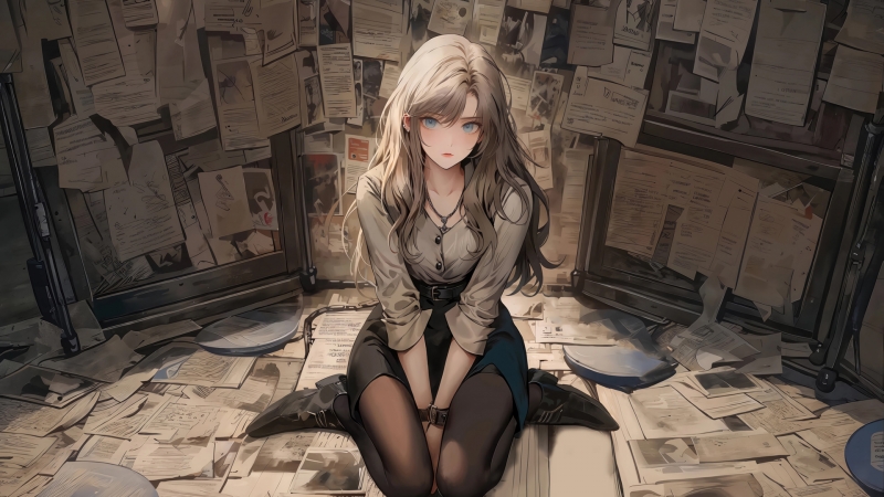 动漫美女坐地板报纸墙 高清电脑壁纸分享