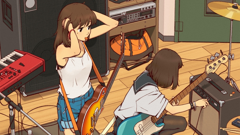 氛围感拉满！两个少女音乐室吉他日常动漫电脑壁纸