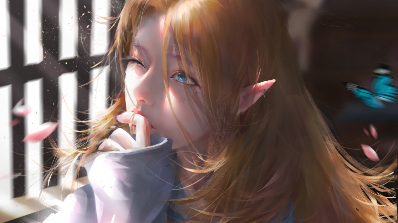 窗边阳光里的尖耳蓝眼少女，这款动漫壁纸太治愈了
