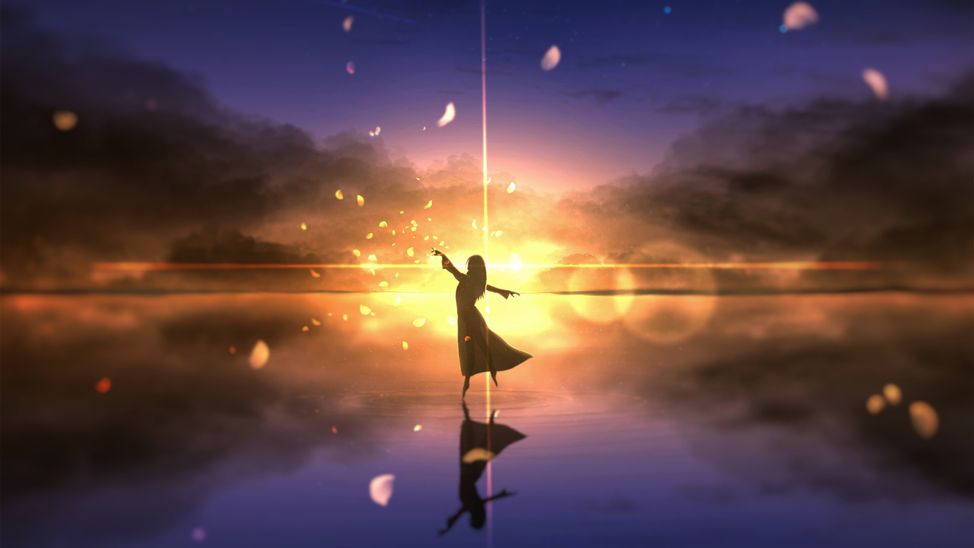 带着少女幻想的黄昏动漫壁纸，夕阳映着水面和飞舞的画面