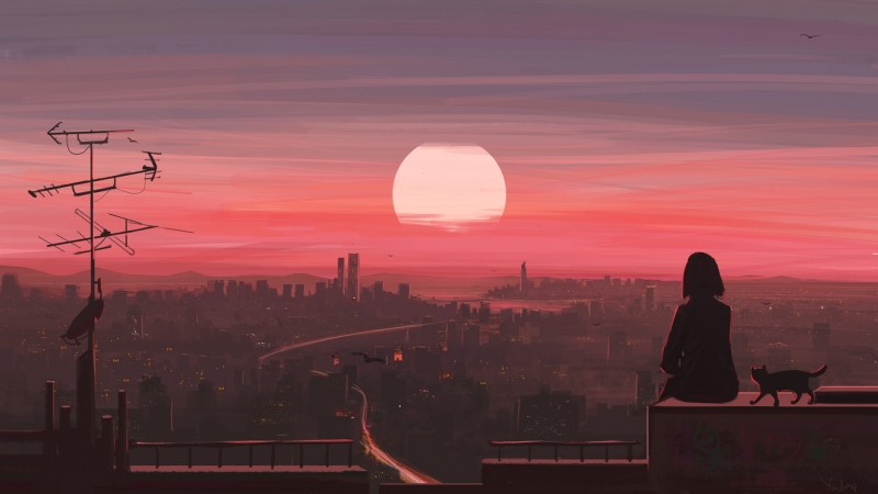 天台晚霞下的少女与猫！这套动漫壁纸太治愈了