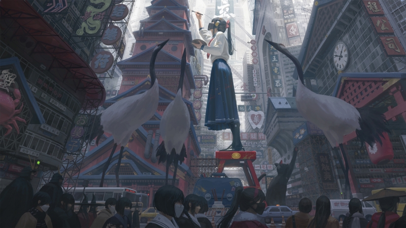 带仙鹤街景的动漫女孩绘画壁纸 多款尺寸可选